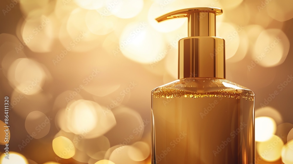 Close-up of a luxurious gold pump bottle against a bokeh background, perfect for beauty, skincare, or luxury product presentations. Close-up of a luxurious gold pump bottle against a bokeh background, perfect for beauty, skincare, or luxury product presentations.