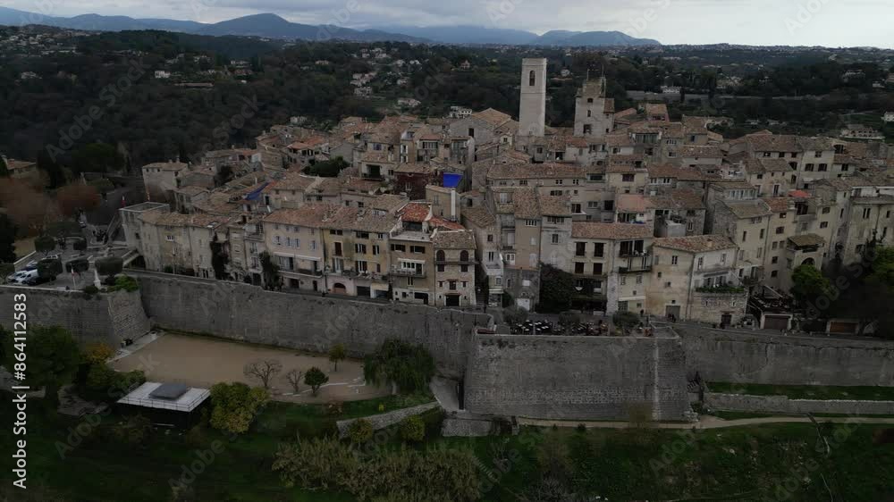 Aerial drone captures St Paul de Vence, France, showcasing its medieval buildings. Aerial drone captures St Paul de Vence, France, showcasing its medieval buildings.
