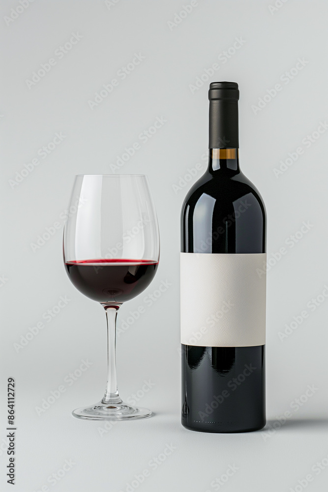 A bottle of red wine is next to a wine glass A bottle of red wine is next to a wine glass