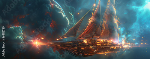 Futuristic Junk: A reimagined, futuristic junk ship with sleek, metallic sails and glowing lights, navigating through space photo