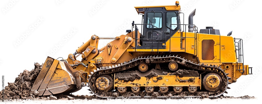 Bulldozer with soil compactor, isolated on white, earthmoving equipment Bulldozer with soil compactor, isolated on white, earthmoving equipment
