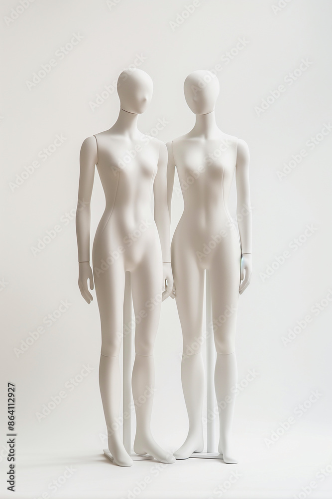 Two mannequins stand side by side, their arms crossed over their chests Two mannequins stand side by side, their arms crossed over their chests