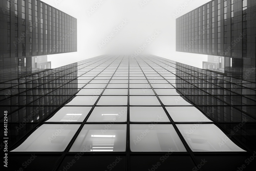 Black and white shot of a glass high-rise building with sharp geometric lines and blurry light Black and white shot of a glass high-rise building with sharp geometric lines and blurry light
