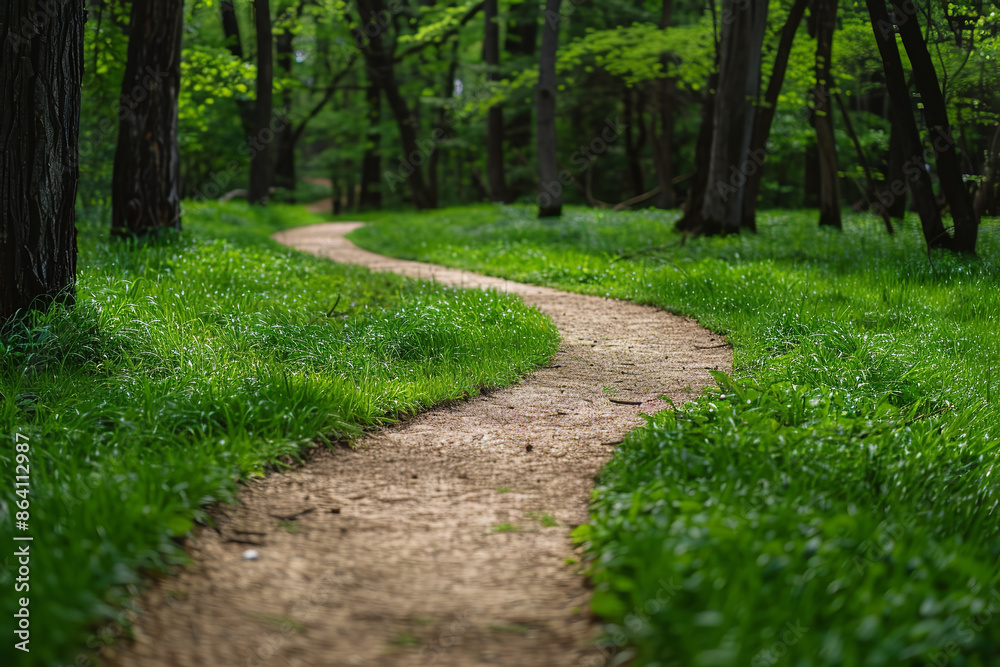 Inviting Pathway Through Forest With Fresh Green Grass Inviting Pathway Through Forest With Fresh Green Grass