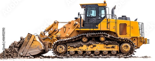 Bulldozer with soil compactor, isolated on white, earthmoving equipment