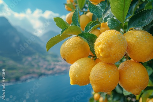 Beautiful coastal landscape framed with a lemon tree photo