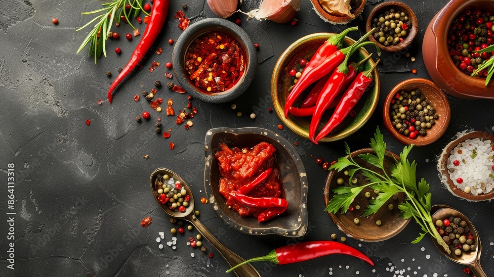 Chili Peppers and Various Spices on Dark Surface Chili Peppers and Various Spices on Dark Surface