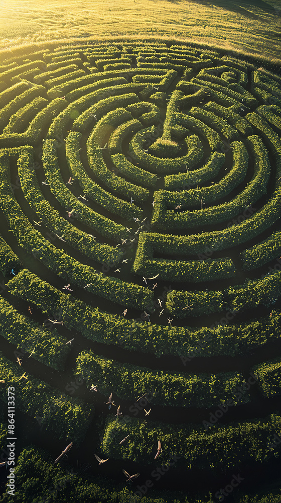 Intricate Maze Design in Grass Field From Aerial View  