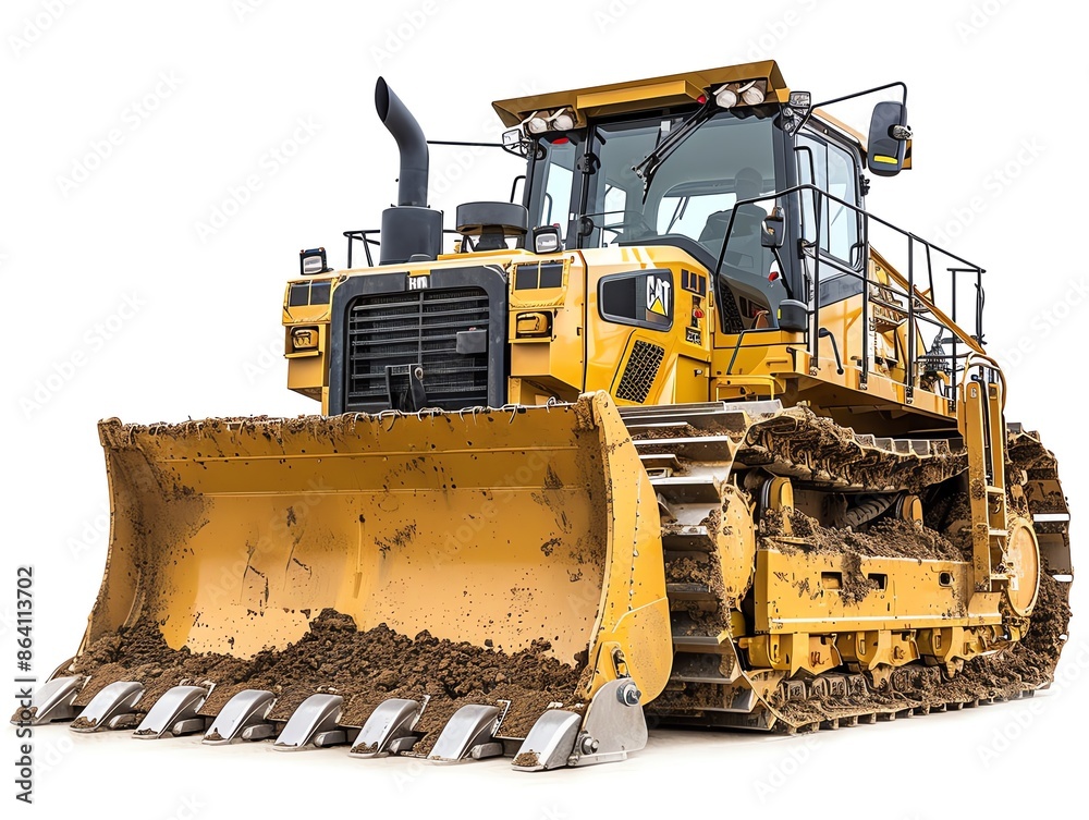 Compact bulldozer with landfill blade, isolated on white, waste management equipment Compact bulldozer with landfill blade, isolated on white, waste management equipment