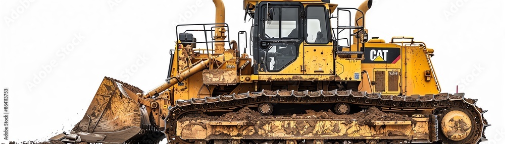 Compact bulldozer with side dump, isolated on white, versatile machinery Compact bulldozer with side dump, isolated on white, versatile machinery