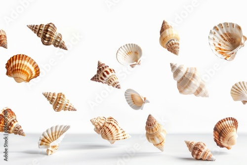 Seashells falling in the air on white background © Artem