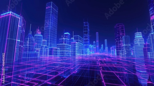 Neon blue and purple wireframe cityscape under a dark blue sky, representing a futuristic digital metropolis.  © Best