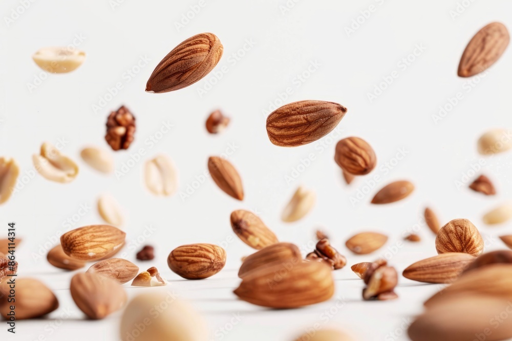 Nuts falling in the air on white background Nuts falling in the air on white background
