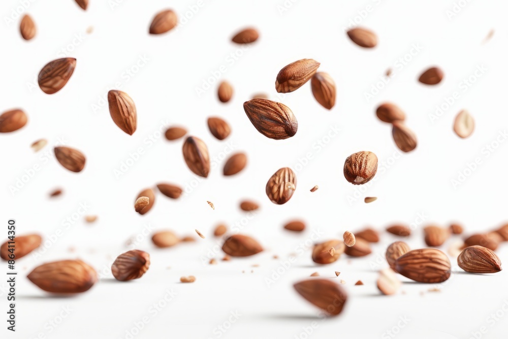 Nuts falling in the air on white background Nuts falling in the air on white background