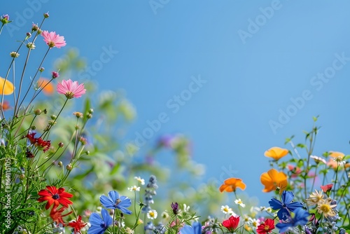 Vibrant Wildflowers Blooming Under a Clear Blue Sky