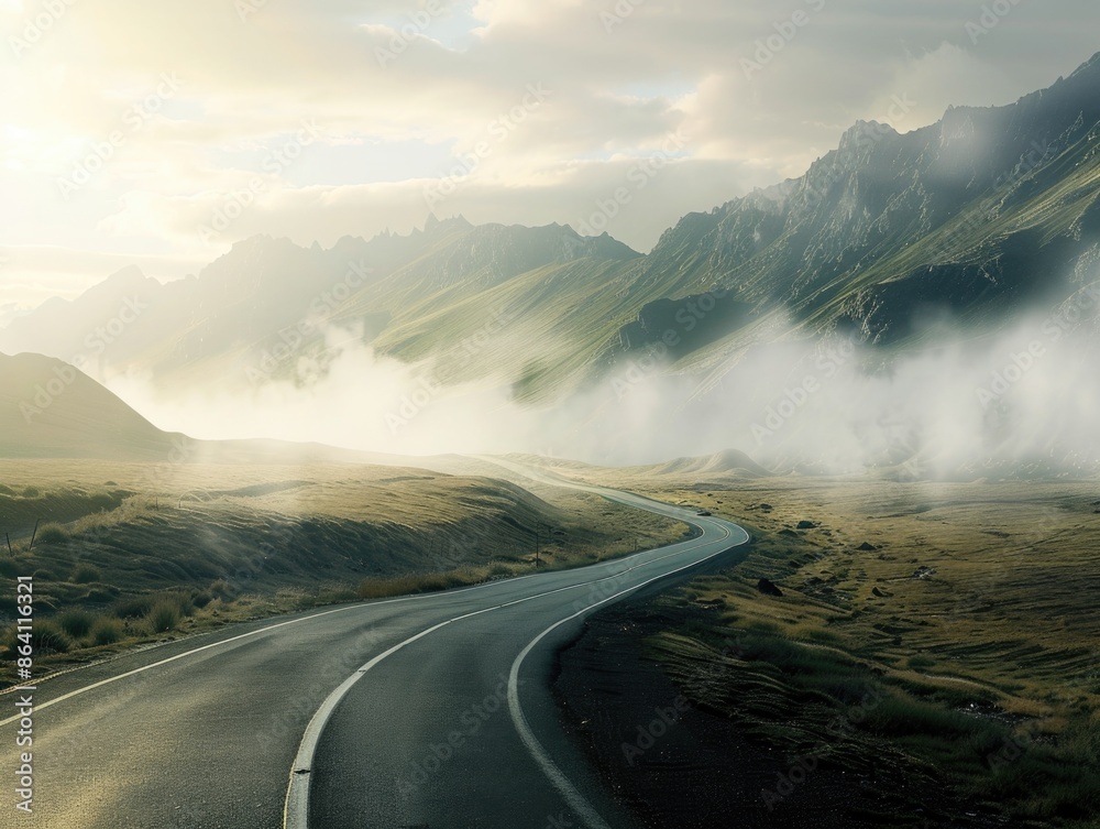 Side Of Road. Empty Highway in Mountain Range with Sunlight and Mist Side Of Road. Empty Highway in Mountain Range with Sunlight and Mist