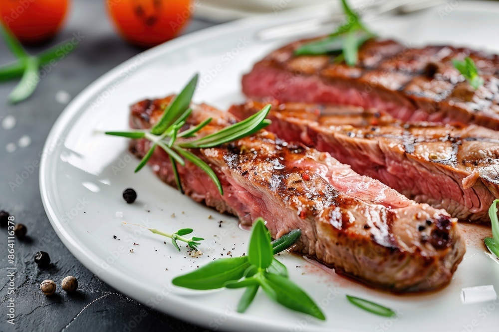 Steak White Plate. Grilled Butcher's Raw Meat Served on Cleaver with Barbecue Background Steak White Plate. Grilled Butcher's Raw Meat Served on Cleaver with Barbecue Background