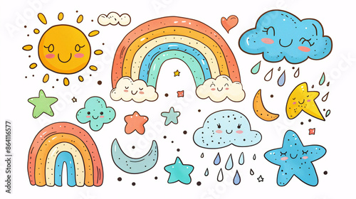 Freehand kawaii doodles of weather elements like rain and sun on white background