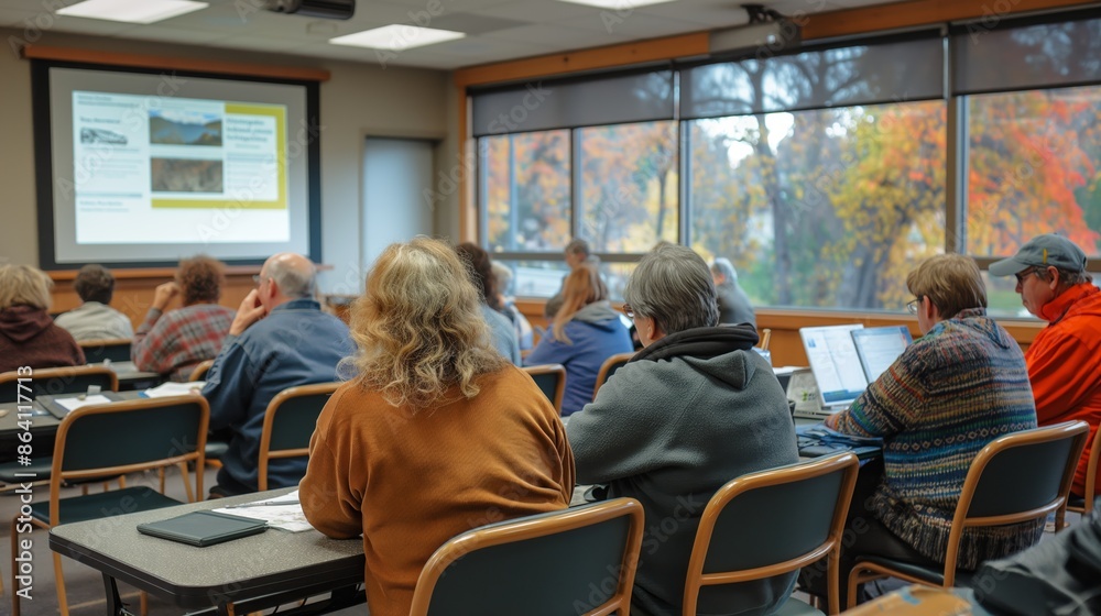 Adult Education Class with Attentive Students in a Bright Classroom Adult Education Class with Attentive Students in a Bright Classroom