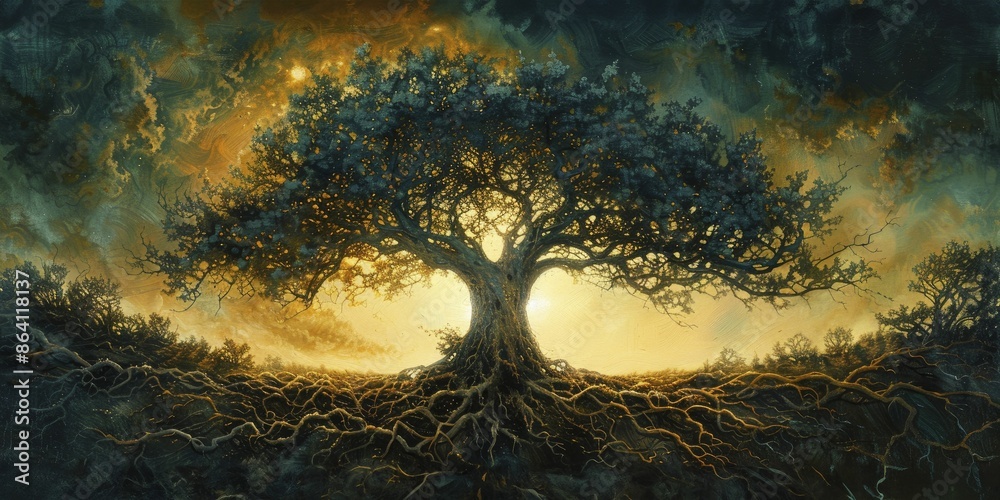 The roots and ground symbolism evoke a sense of stability and ...