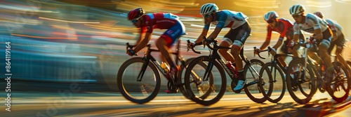 A dynamic shot capturing the speed and intensity of a cycling race through a city. The blurred background highlights the racers incredible velocity photo