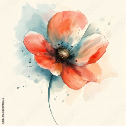 Vibrant watercolor illustration of a flower with multicolored petals in shades of pink, blue, and orange, featuring detailed textures and abstract splashes in the background.