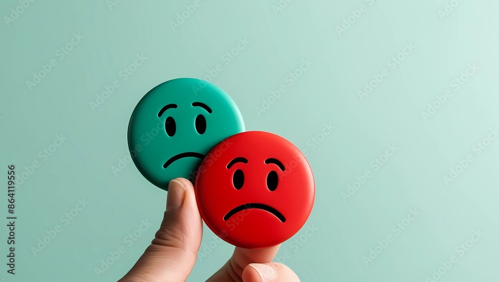 Contrasting Emotions: Hands Holding Red and Green Sad Face Icons for Feedback and Customer Satisfaction Contrasting Emotions: Hands Holding Red and Green Sad Face Icons for Feedback and Customer Satisfaction