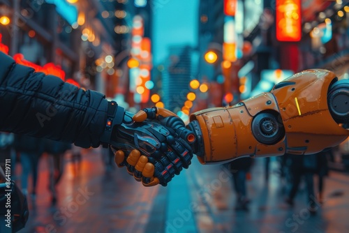 Close-up of a human hand shaking a robotic hand against a futuristic cityscape at sunset, symbolizing technology and human collaboration.