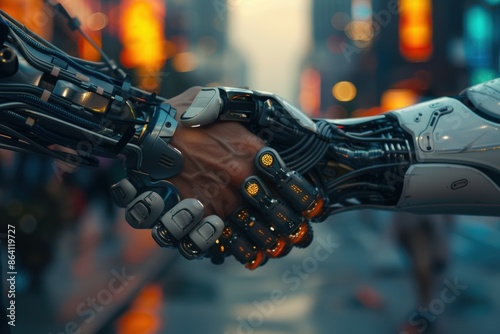 Close-up of a human hand shaking a robotic hand against a futuristic cityscape at sunset, symbolizing technology and human collaboration.