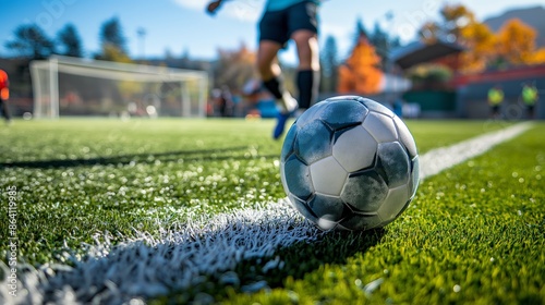 Soccer Ball on a Field with Players in the Background on a Sunny Day photo
