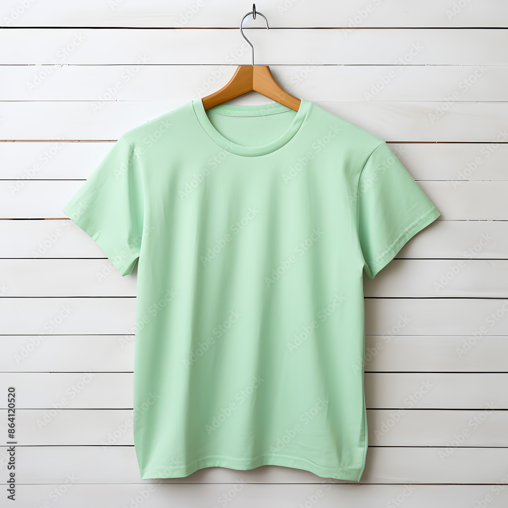 Plain mint green t-shirt hanging on wooden hanger on white wooden background, perfect for casual wear or design mockups. Plain mint green t-shirt hanging on wooden hanger on white wooden background, perfect for casual wear or design mockups.
