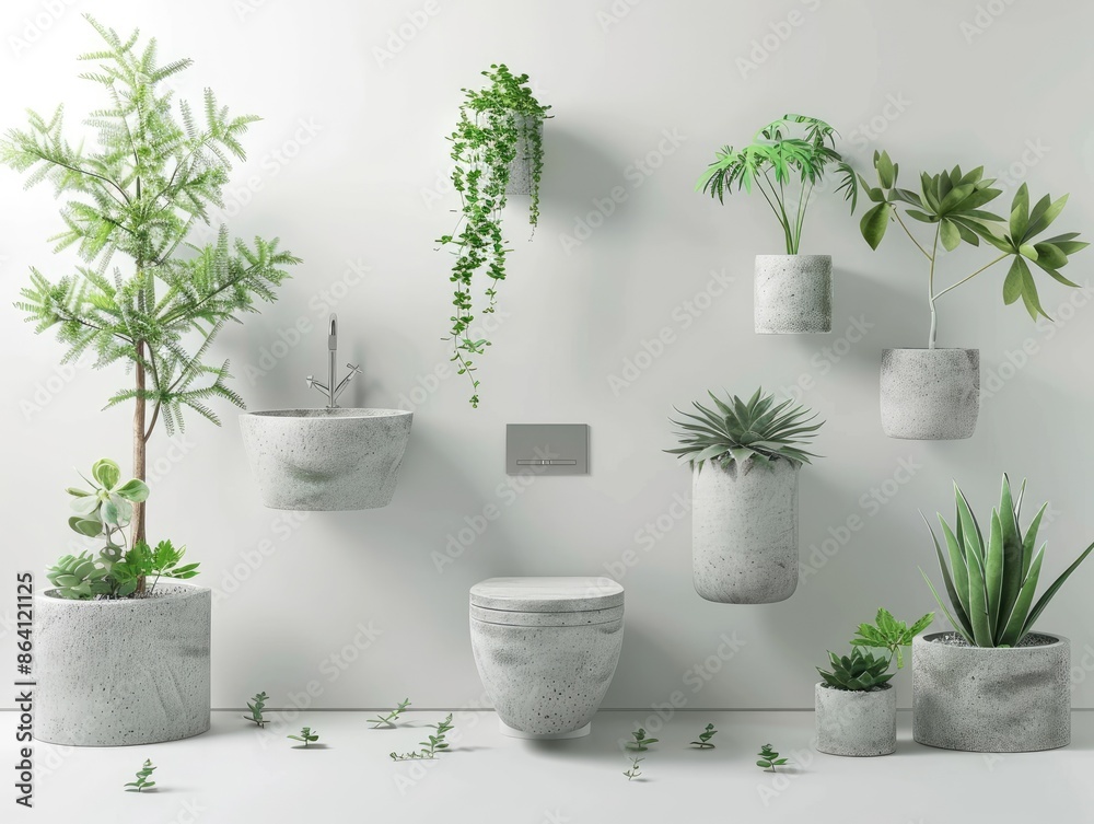 Obraz premium A sleek, minimalist restroom with a concrete toilet basin and urinal, surrounded by small succulents and leafy plants in various stylish planters, all set against a clean white background.