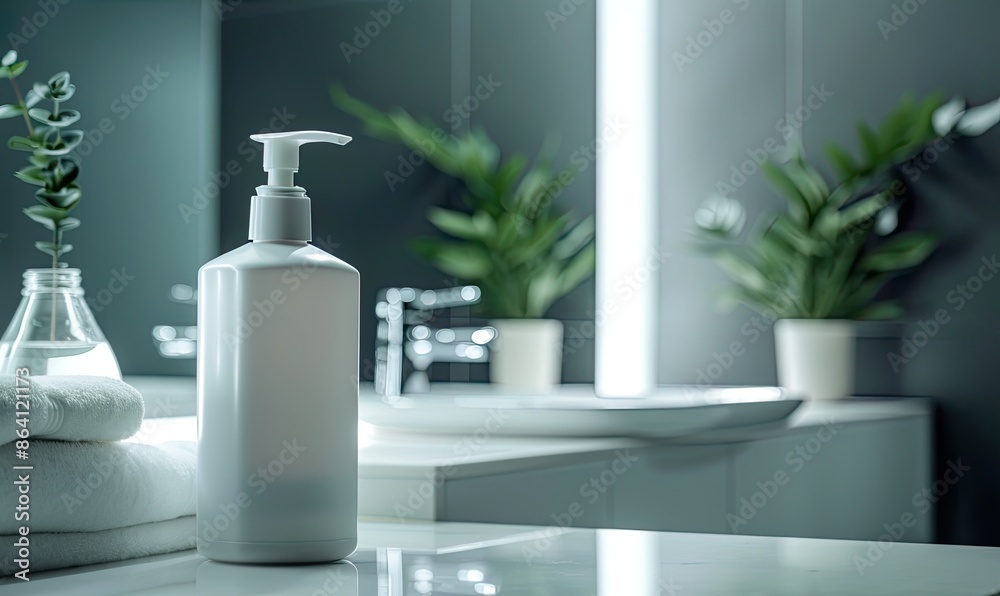 White unlabeled pump bottle for shampoo, soap or lotion in modern bathroom setting. Concept of beauty products, wellness, hygiene, and self-care. White unlabeled pump bottle for shampoo, soap or lotion in modern bathroom setting. Concept of beauty products, wellness, hygiene, and self-care.