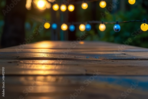 Empty Wood table top with decorative outdoor string lights hanging on trees in the revier nature  at sunset time, photo