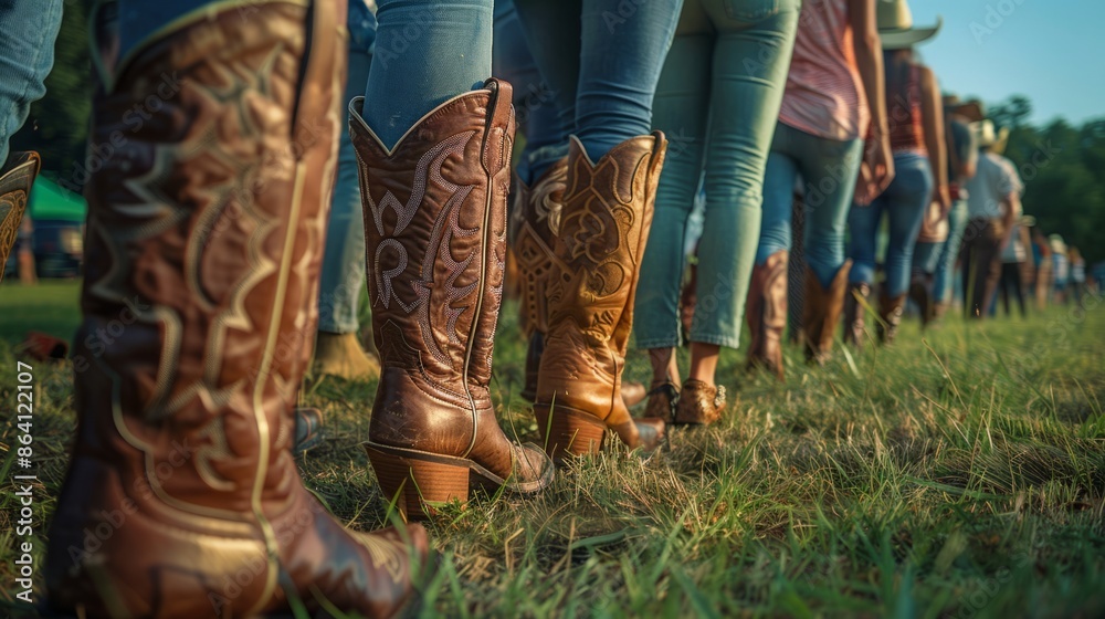 Group of people wearing cowboy boots at outdoor event