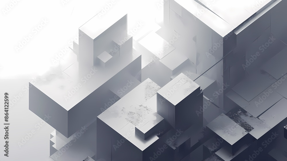 Obraz premium 3D abstract background featuring floating geometric shapes in a monochromatic color scheme, with soft shadows and dynamic lighting to create depth and a modern, minimalist look