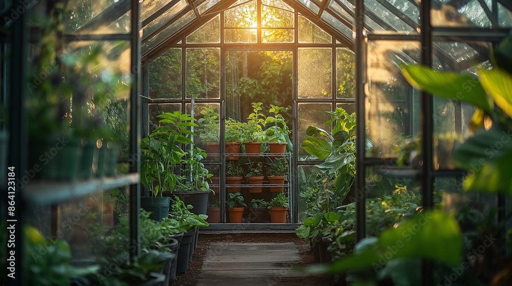 Sunlit Greenhouse Filled with Lush Potted Plants and Foliage Sunlit Greenhouse Filled with Lush Potted Plants and Foliage