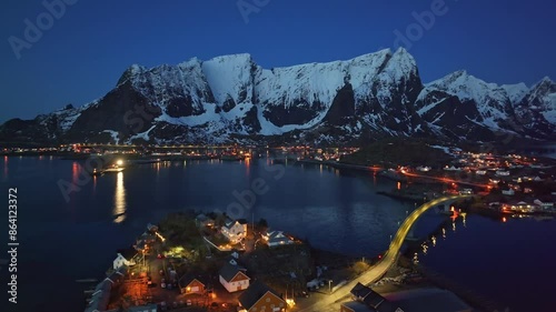 Aerial view of Lofoten Islands beautiful landscape during winter