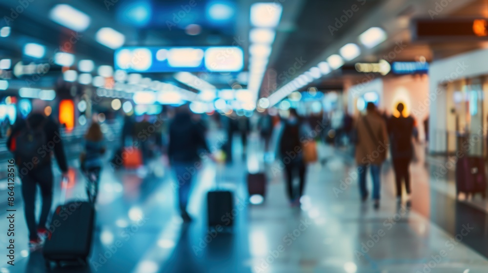 Blurred view of busy travelers walking through an airport terminal Blurred view of busy travelers walking through an airport terminal