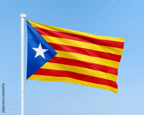 Realistic Catalonia flag on stick on sky background. Flag illustration