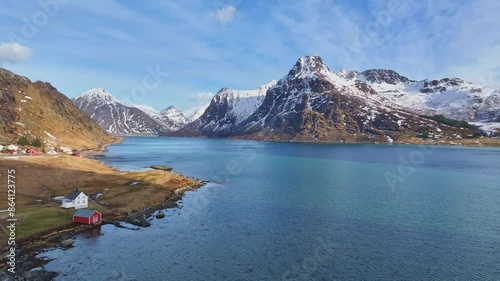 Aerial view of Lofoten Islands beautiful landscape during winter