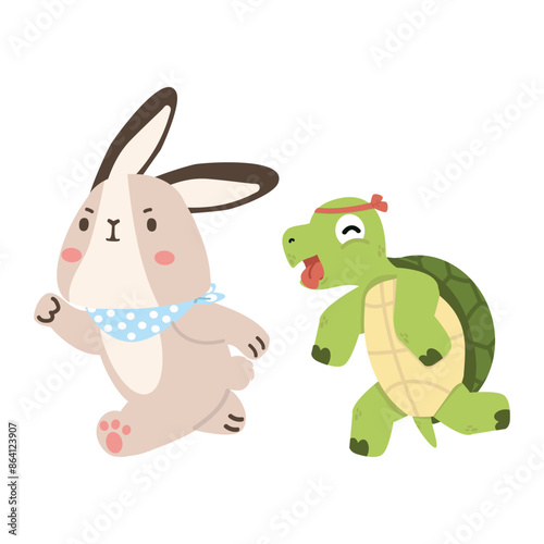 cartoon rabbit and a turtle are running