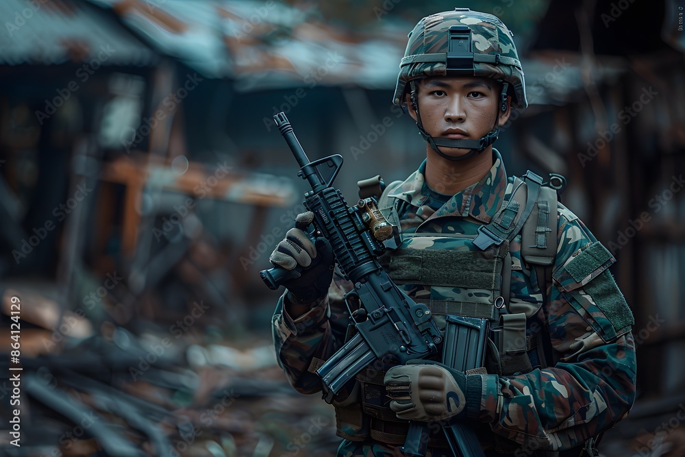 Determined Soldier in Full Combat Gear Standing in a War-Torn Area Determined Soldier in Full Combat Gear Standing in a War-Torn Area