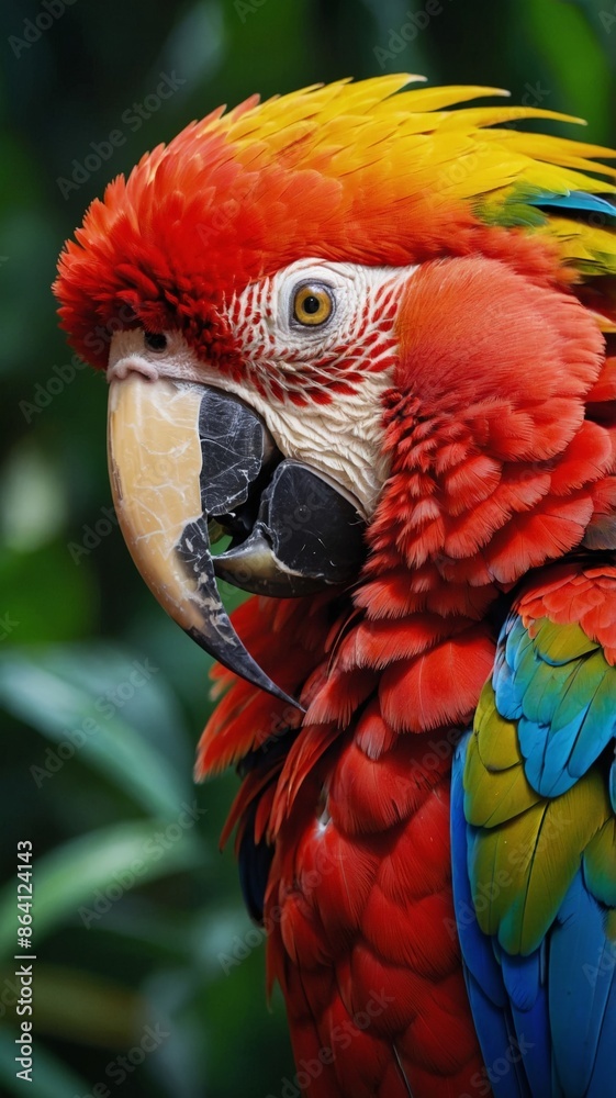 Red macaw on a branch, tropical forest in the background, wildlife concept. Red macaw on a branch, tropical forest in the background, wildlife concept.