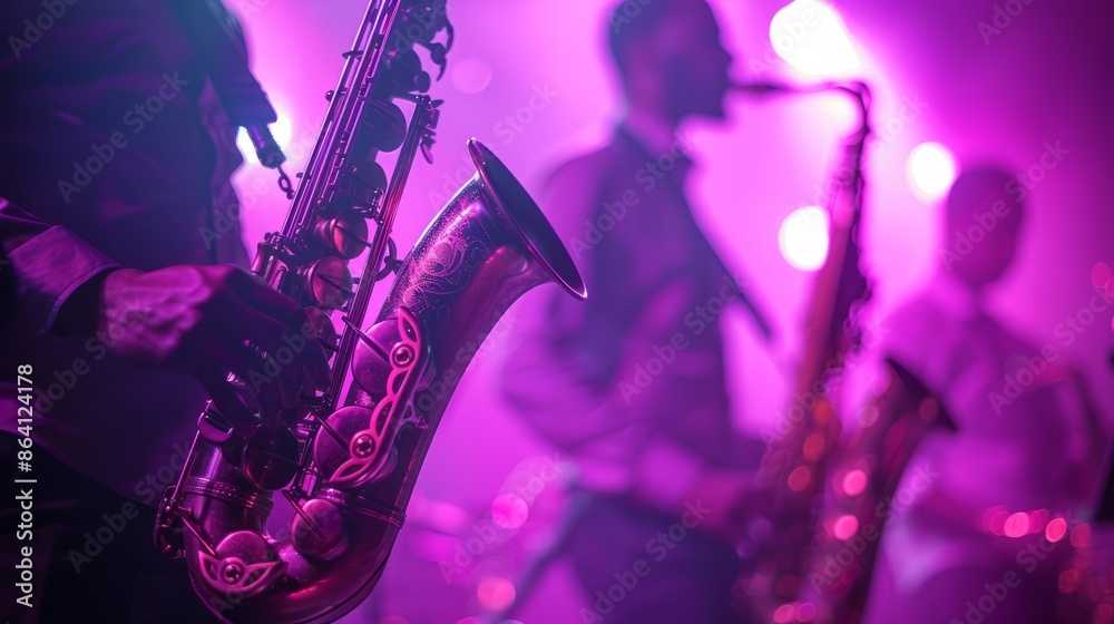 Fototapeta premium Musicians playing saxophones on stage with purple lighting