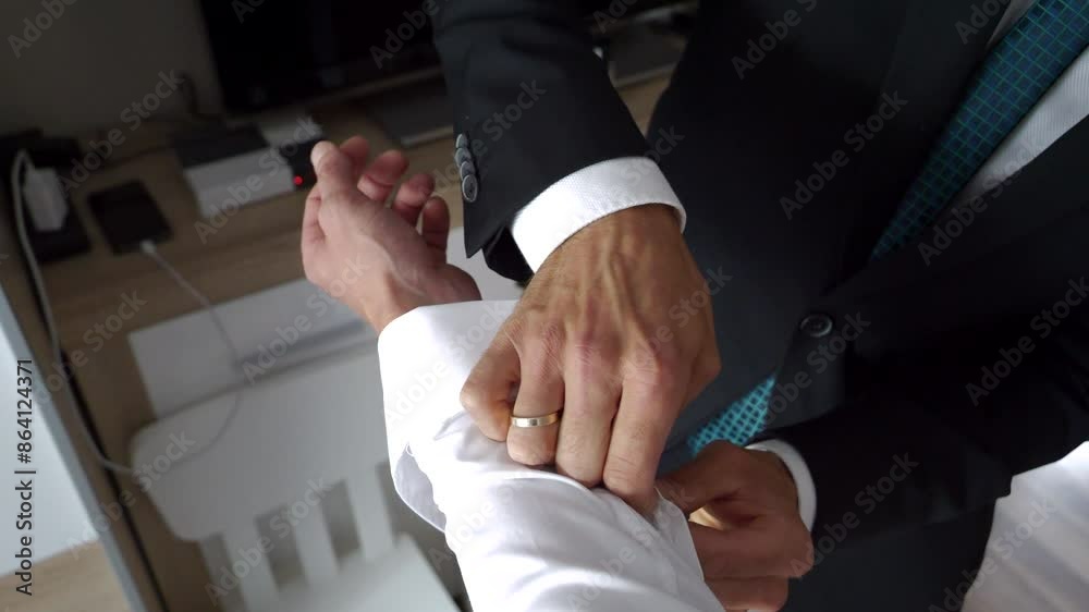 A best man helping the groom fasten cufflinks on his shirt cuffs A best man helping the groom fasten cufflinks on his shirt cuffs