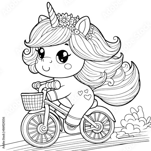 cute cartoon unicorn biking coloring book Generative AI