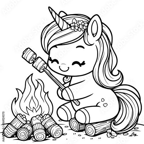 cute cartoon unicorn  roasting mashmallow coloring book Generative AI