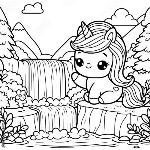cute cartoon unicorn visiting waterfall coloring book Generative AI
