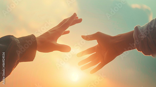 Two hands reaching out to each other in front of a sunset background. Concept of connection, support, and love